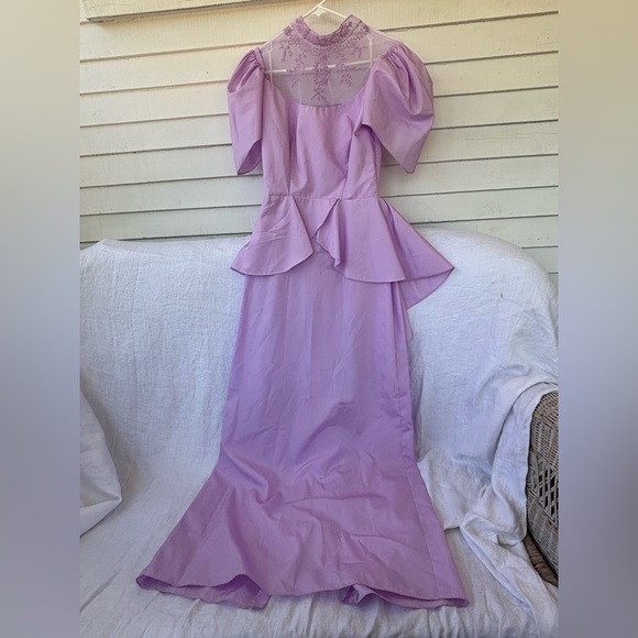 Vintage 80s Elegant Lavender Lace Peplum Prom Dress - Picture 1 of 7